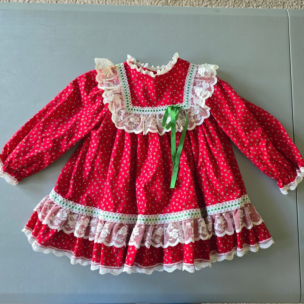 Vintage Christmas Girls Toddler Dress Lace Ribbon Size 2T